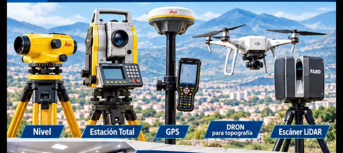Instrumentos para topografía: nivel, estación total, GPS, dron para topografía y escáner LiDAR.